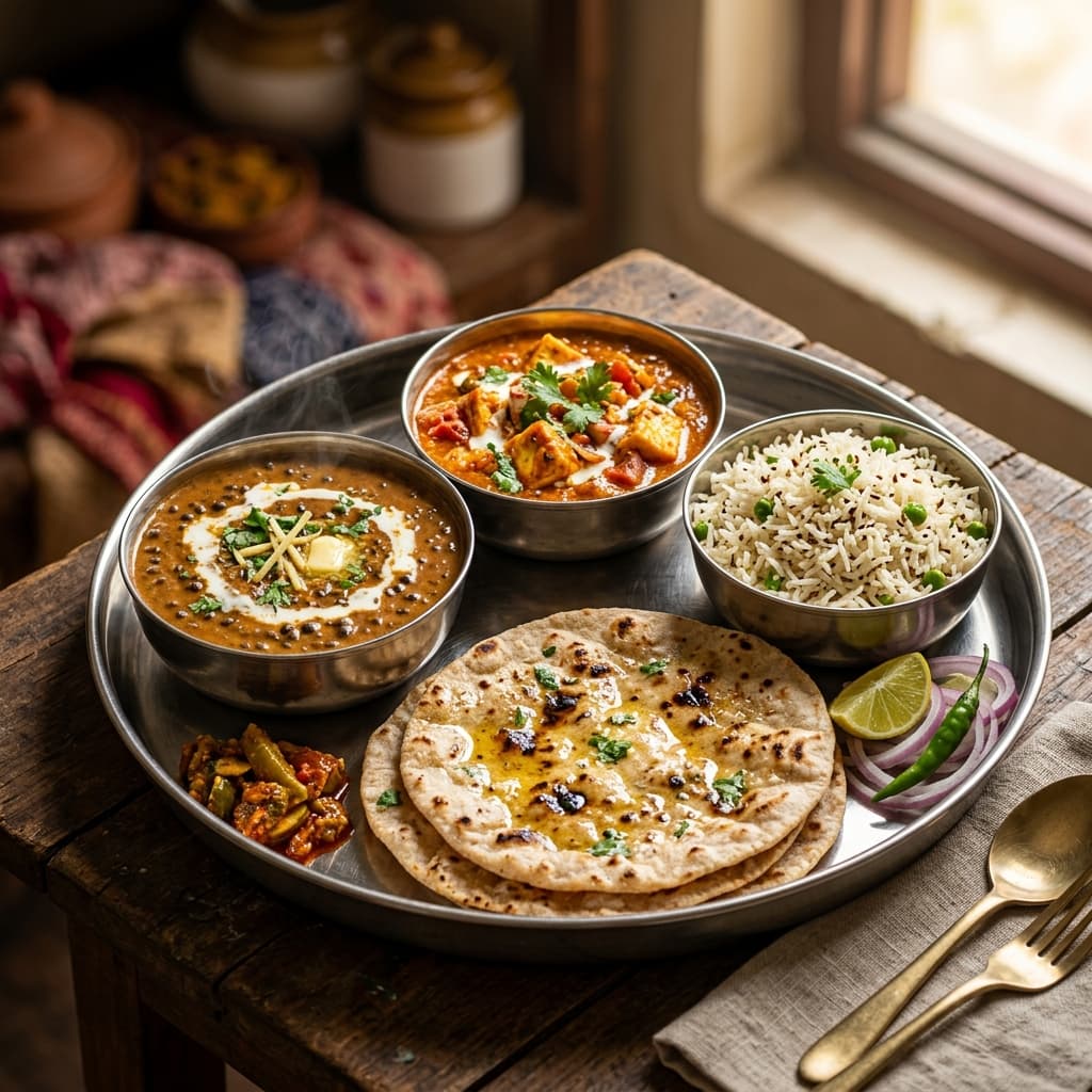 A fresh vegetarian Indian tiffin meal with dal, sabzi, and roti